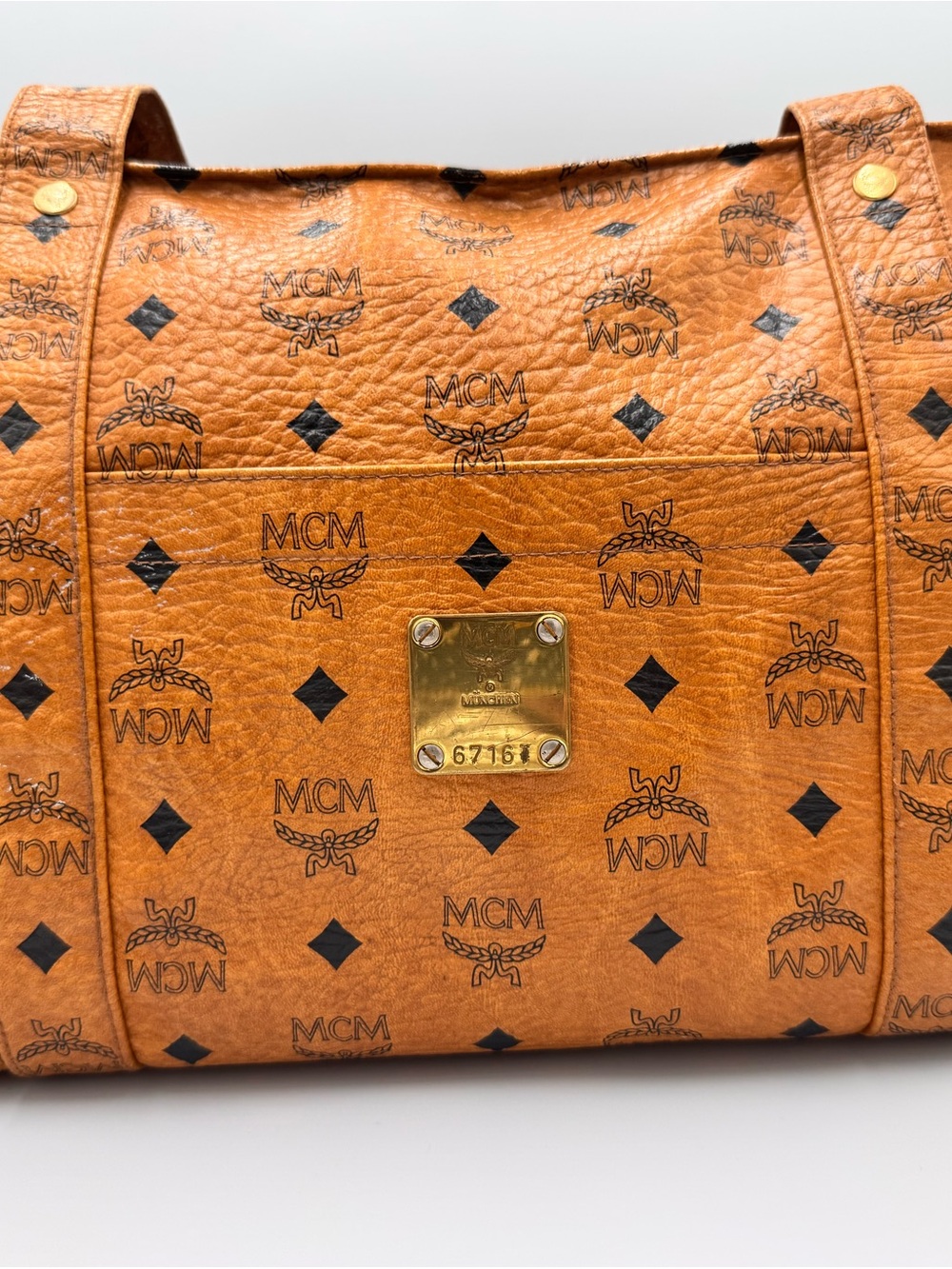 Vintage MCM Cognac Visetos Monogram Large Shopper Tote Gold Plaque
